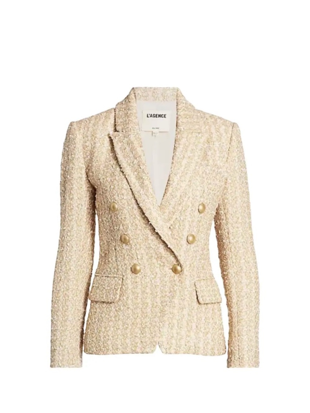 L'AGENCE Beige Tweed Double-Breasted Blazer with Gold Buttons